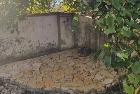 Steinterrasse im Garten mit Natursteinplatten, umgeben von grüner Bepflanzung und Mauer.